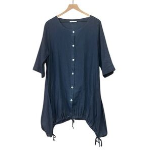 Bryn Walker Blue Linen Lagenlook Drawstring Hem Button Front Tunic Top Large